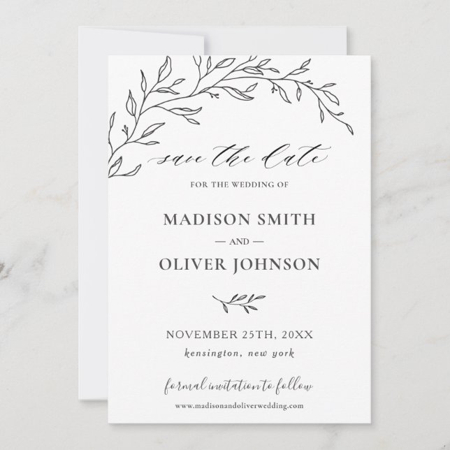 Minimalist Laurel Branch Leafy Save the Date Card (Front)