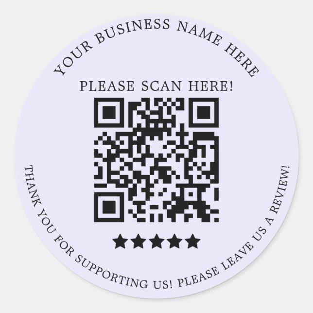 Minimalist Lavender Business Name QR Code Classic Round Sticker (Front)