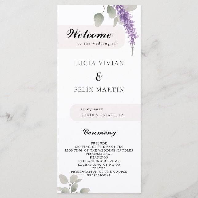 Minimalist Lavender Eucalyptus Wedding Program (Front)