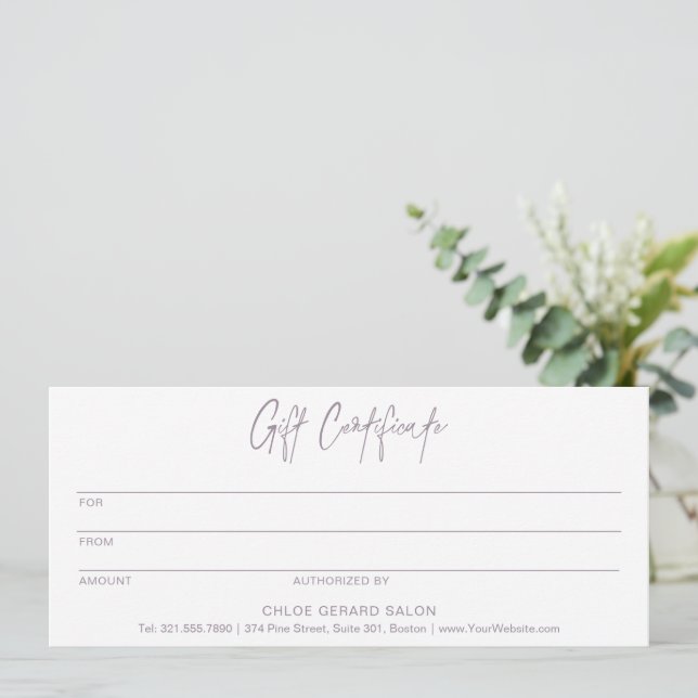 Minimalist Lavender Fog Modern Gift Certficate (Standing Front)