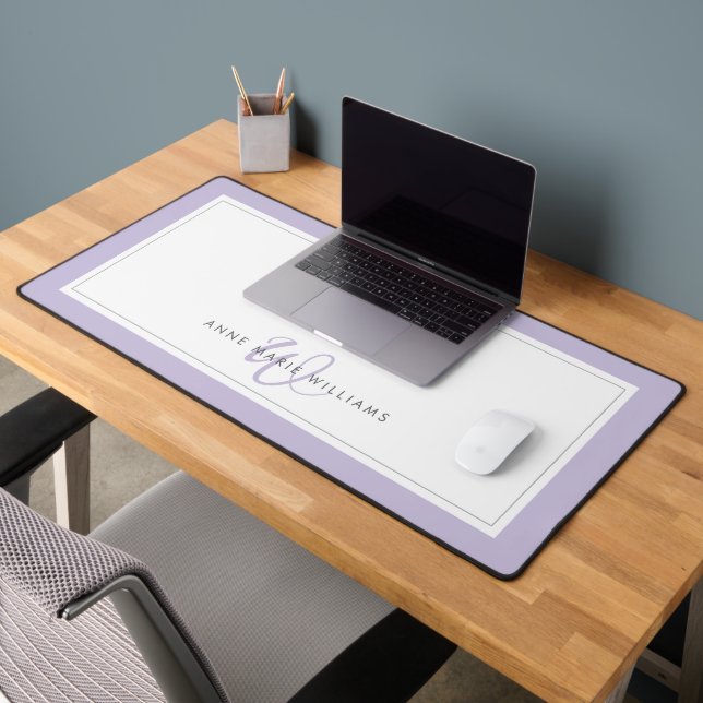 Minimalist Lavender Script Two Border Monogram Desk Mat (Office 2)