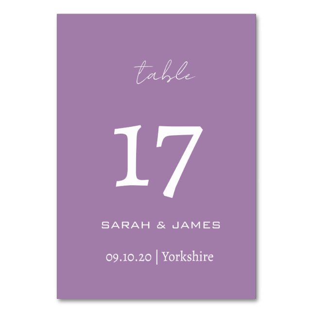 Minimalist Lavender Script Wedding Personalized  Table Number (Front)