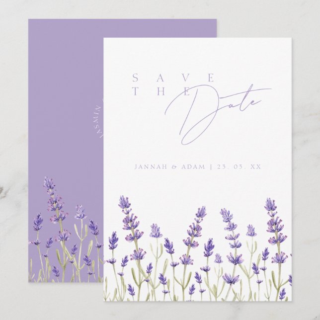 Minimalist Lavender Wildflower Wedding Save The Date (Front/Back)
