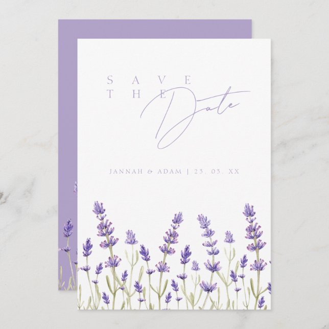 Minimalist Lavender Wildflowers Initials Wedding Save The Date (Front/Back)