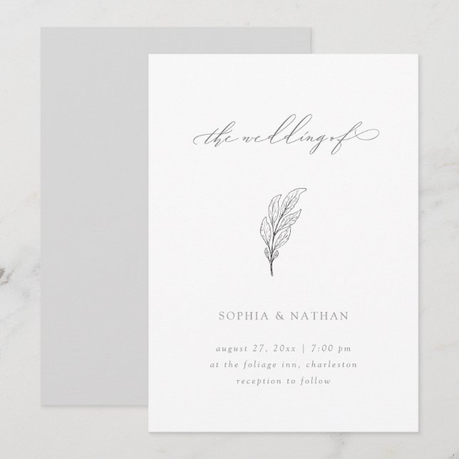 Minimalist Leaf | Elegant White and Grey Wedding Invitation (Front/Back)