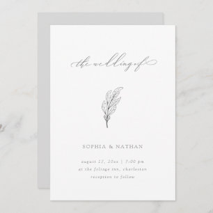 Minimalist Leaf   Elegant White and Grey Wedding Invitation