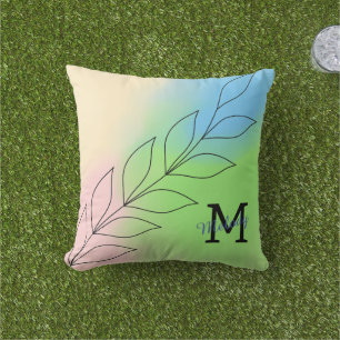 Minimalist Leaf Line Art with Pastel Gradient Outdoor Pillow