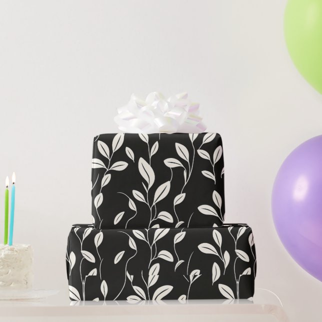 Minimalist Leaf Pattern on Black Wrapping Paper (Party Gifts)