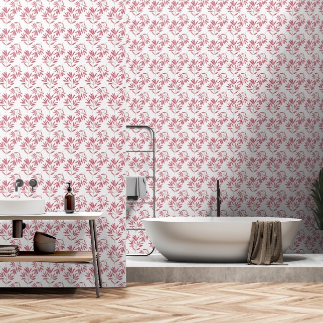 Minimalist Leaf Pattern Pink White Wallpaper (Bathroom)