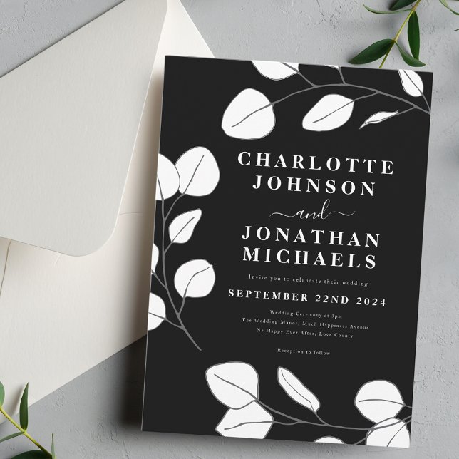 Minimalist Leaf Stylish Black and White Invitation (Simple leaf stylish modern black and white wedding invitation)