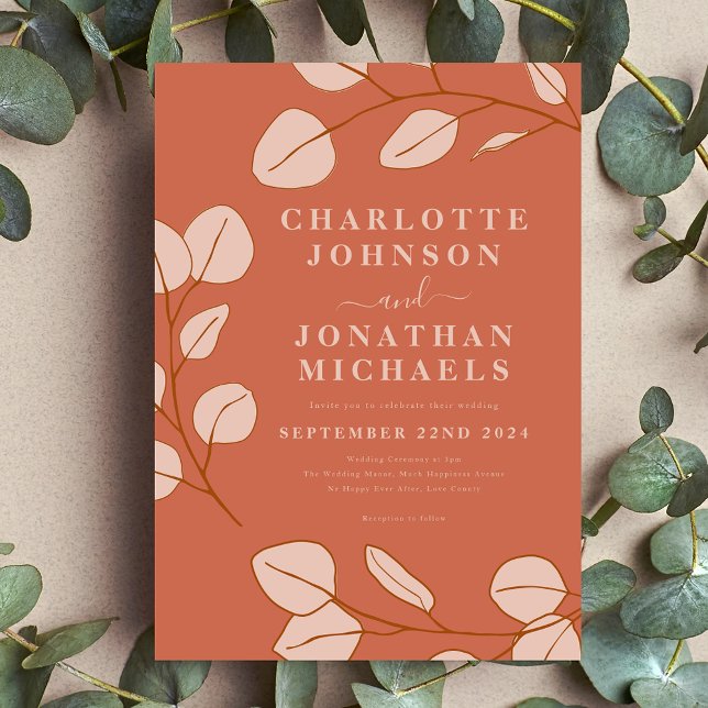Minimalist Leaf Terracotta Fall Wedding Invitation (Simple modern leaf orange peach wedding invitation with stylish typography script )