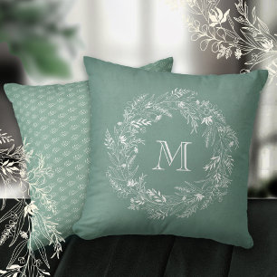 Minimalist leafy botanical circle letter M Throw Pillow
