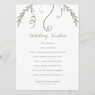 Minimalist Leaves and Vines Wedding Timeline Program