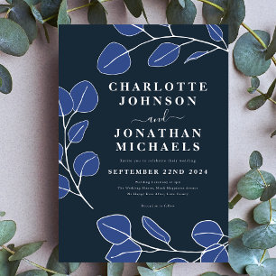 Minimalist Leaves Modern Stylish Navy Blue Invitation