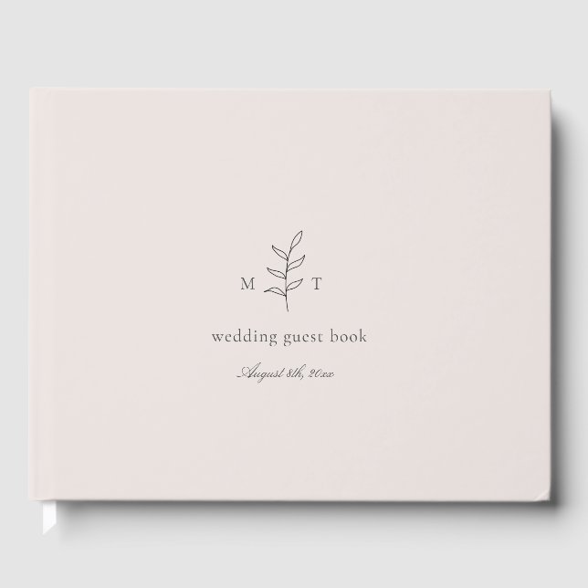 Minimalist Leaves Monogram Pink Wedding Guest Book (Front)