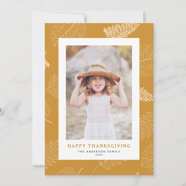 Minimalist Leaves Pattern Happy Thanksgiving Photo Holiday Card (Front)