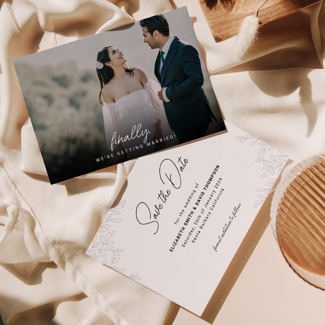 Minimalist Leaves & Photo Script Finally Wedding Save The Date (Creator Uploaded)