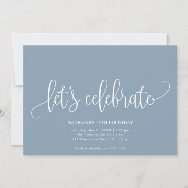 Minimalist "Let's Celebrate" Dusty Blue Invitation (Front)