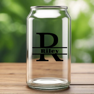 Minimalist Letter R Monogram and Custom Name Can Glass