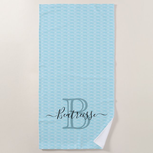 Minimalist Light Blue Sea Mermaid Monogram Beach Towel (Front)