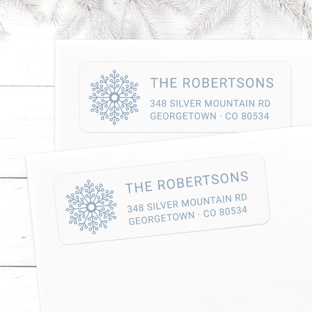 Minimalist Light Blue Snowflake Return Address (Modern, elegant Snowflake Christmas return address labels in light blue with family name.)