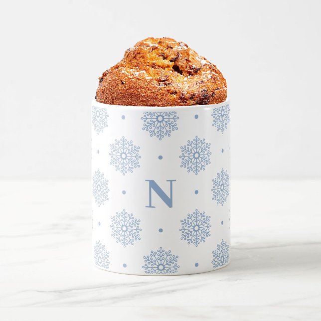 Minimalist Light Blue Snowflakes Monogram Winter Coffee Mug (Christmas gift. Modern elegant snowflake mug in light blue with minimalist custom monogram.)