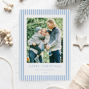 Minimalist Light Blue Stripes Photo Christmas Holiday Card