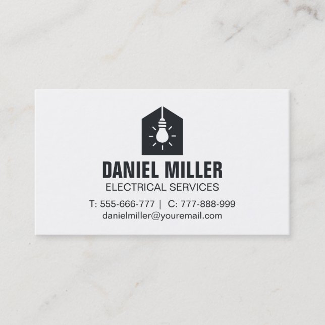 Minimalist Light Bulb House Icon Electrician Business Card (Front)