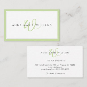 Minimalist Light Green Script Two Border Monogram Business Card