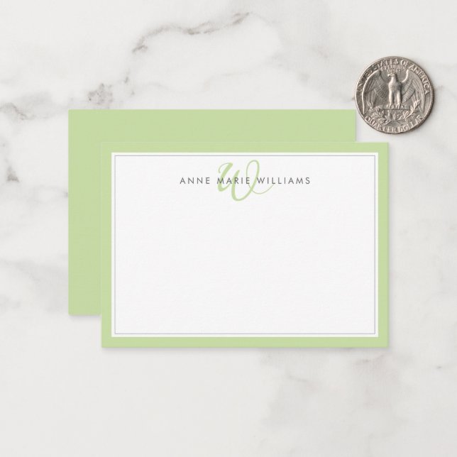 Minimalist Light Green Two Border Monogram Card (Front/Back In Situ)