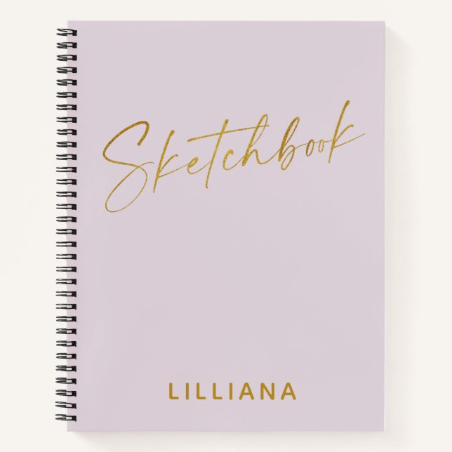 Minimalist Lilac and Gold Personalized Sketchbook Notebook (Front)