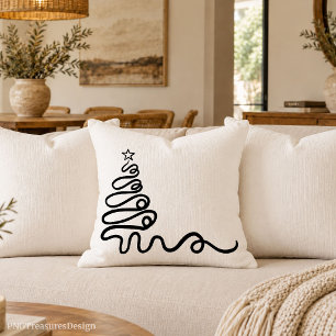 Minimalist line art black and white Christmas tree Throw Pillow