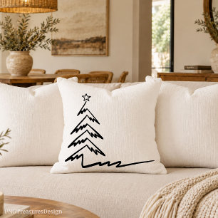 Minimalist line art black and white Christmas tree Throw Pillow