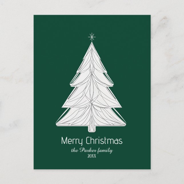 Minimalist Line-Art Christmas Tree with Geometric  Holiday Postcard (Front)