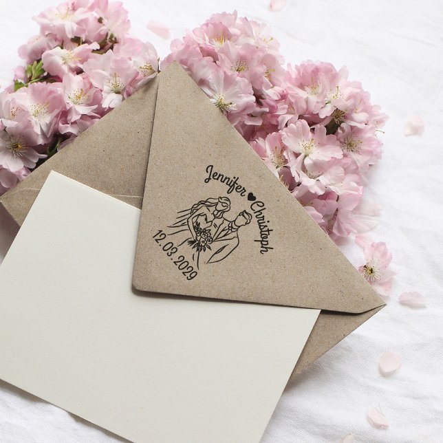 Minimalist Line Art Couple Custom Wedding Stamp (minimalistic stamp with bride and groom, names and date)