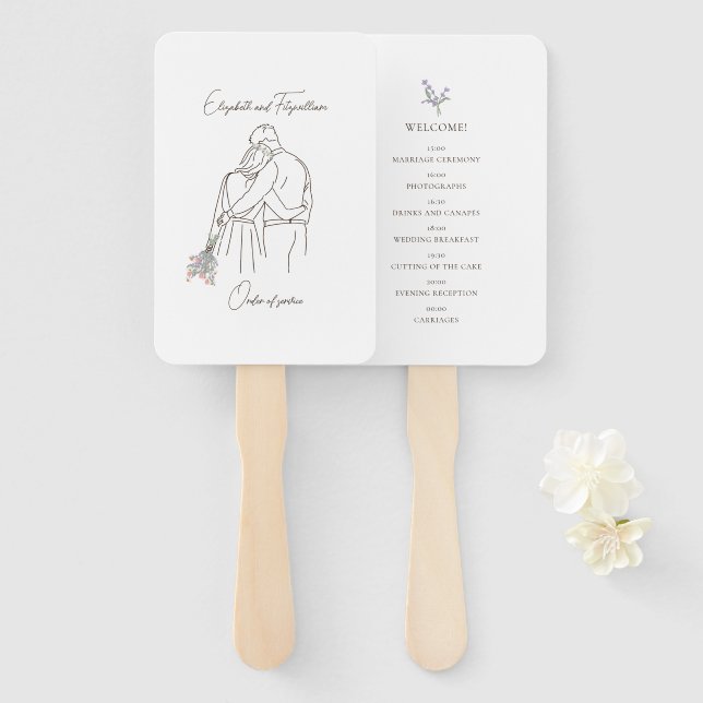 Minimalist Line Art Couple Hugging with Bouquet Hand Fan (Front and Back)
