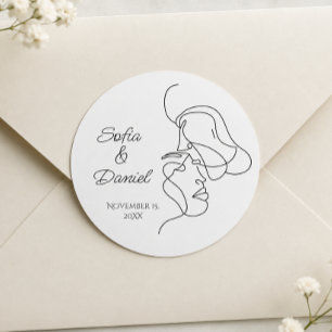 Minimalist Line Art Couple illustration  Wedding  Classic Round Sticker