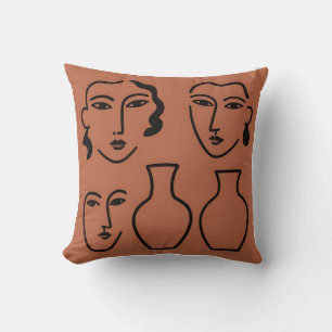 Minimalist Line Art Faces and Vases Terracotta Throw Pillow