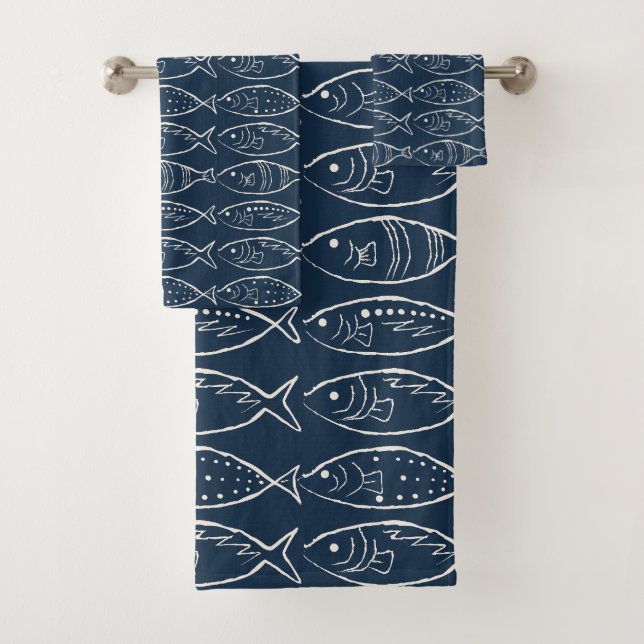 Minimalist Line Art Fish Midnight Navy Bath Towel Set (Insitu)