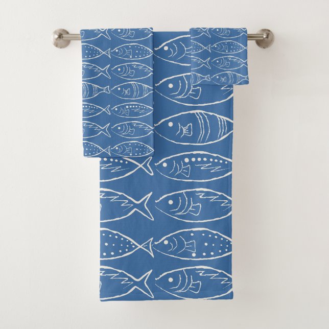 Minimalist Line Art Fish Ocean Blue Bath Towel Set (Insitu)