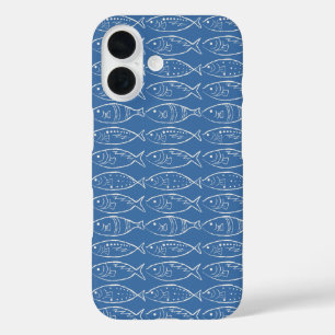 Minimalist Line Art Fish Ocean Blue iPhone 16 Case