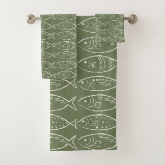 Minimalist Line Art Fish Olive Bath Towel Set