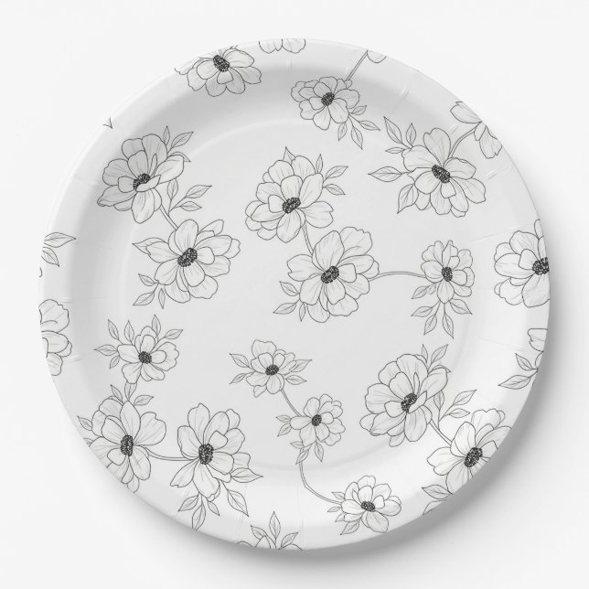 Minimalist Line Art Floral Seamless Pattern (3) Paper Plate (Front)