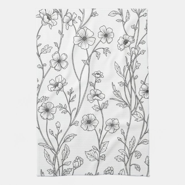 Minimalist Line Art Floral Seamless Pattern (7) Kitchen Towel (Vertical)