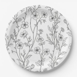 Minimalist Line Art Floral Seamless Pattern (7) Paper Plate