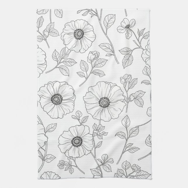 Minimalist Line Art Floral Seamless Pattern (8) Kitchen Towel (Vertical)