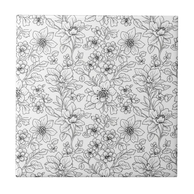 Minimalist Line Art Floral Seamless Pattern (9) Tile (Front)