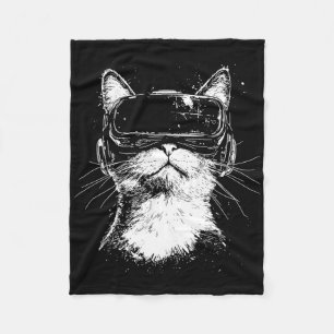Minimalist Line Art Gamer Cat In Vr Headset Virtua Fleece Blanket