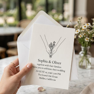 Minimalist Line Art Hands & Floral Wedding Invitat Invitation