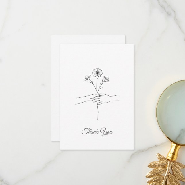 Minimalist Line Art Hands & Flowers Wedding Thank  You Card (Front/Back In Situ)